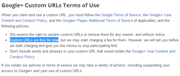 google plus custom url terms of use