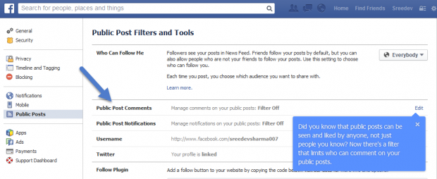 Facebook public posts comments filter