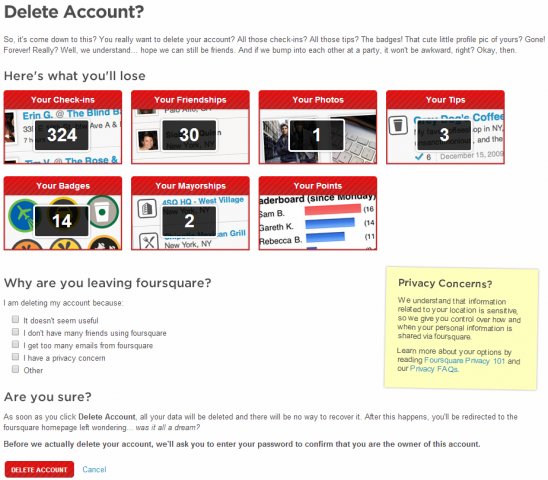 foursquare how to delete account