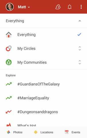 Google Plus navigation menu