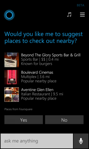 cortana suggests foursquare places