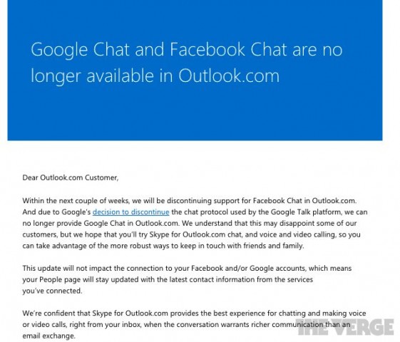 Outlook removes Google and Facebook chat